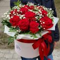 Коробка из 11 роз и гипсофилы