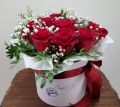 Коробка из 11 роз и гипсофилы