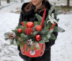 Зимняя композиция в красной коробке
