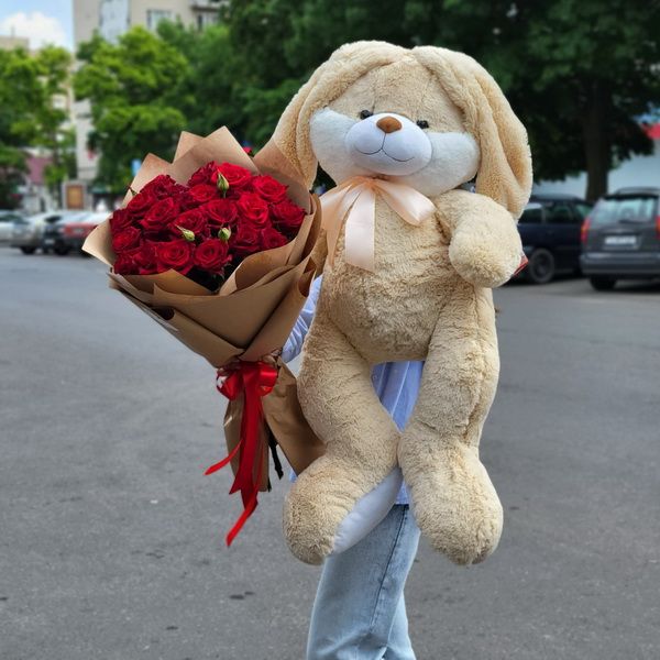 Зайчик  Красавчик 105 см + букет из 19 роз (50см)