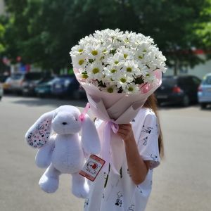 Кролик белый 35см + букет ромашек