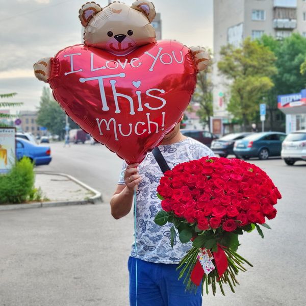 Букет из 101 розы (60см) и гелиевый шар медведь сердце